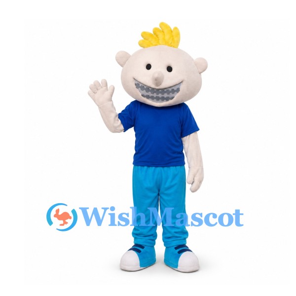 Boy Mascot Costume with Yellow Hair and Blue Shirt