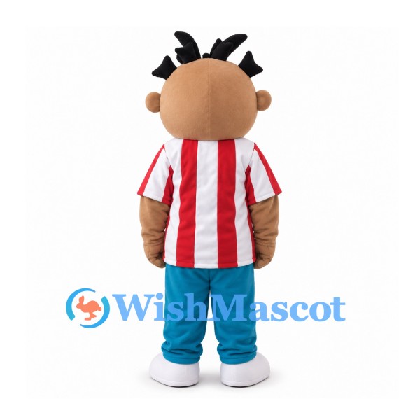 Boy Mascot Costume with Red Striped Shirt and Black Hair