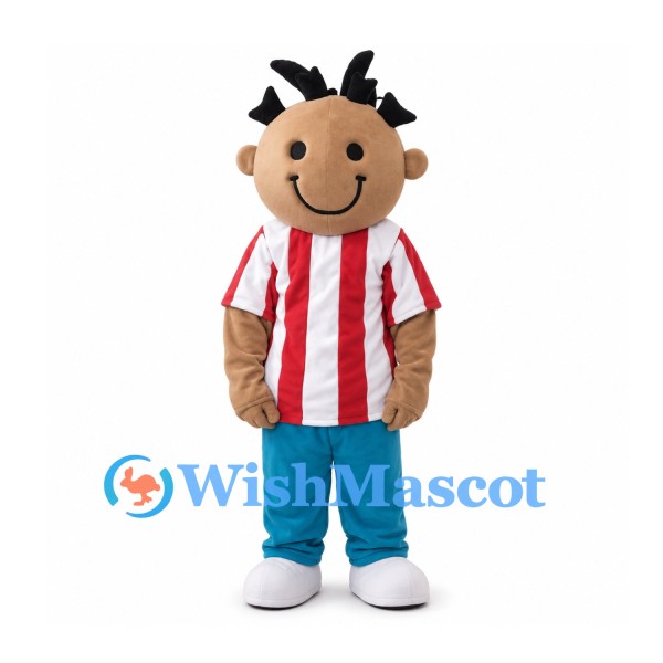 Boy Mascot Costume with Red Striped Shirt and Black Hair