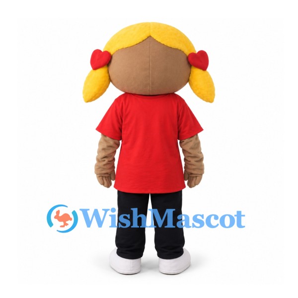Girl Mascot Costume with Blonde Pigtails and Red Shirt