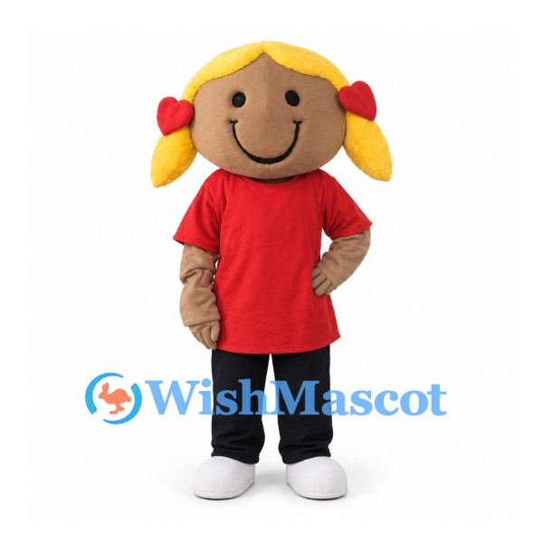 Girl Mascot Costume with Blonde Pigtails and Red Shirt