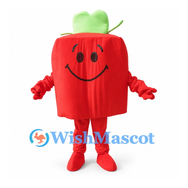 Red Pepper Mascot Costume with Green Stem and Smiling Face