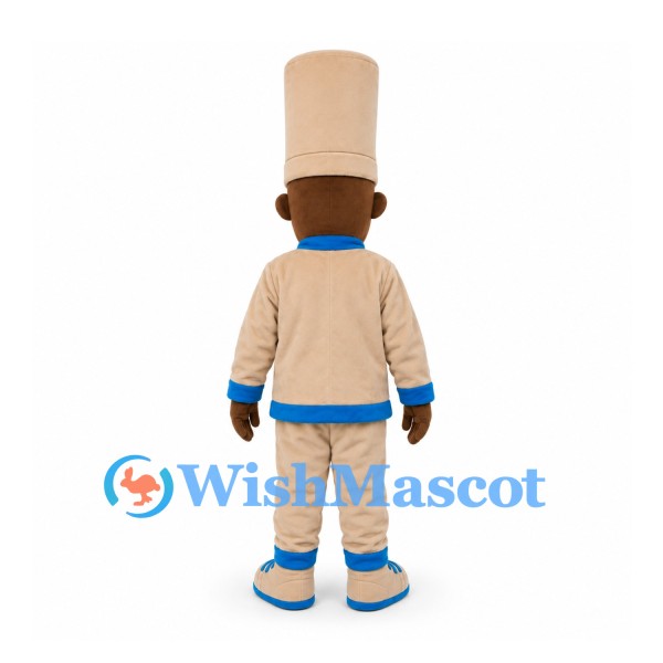Chef Mascot Costume with Tall Tan Hat and Blue Trimmed Suit