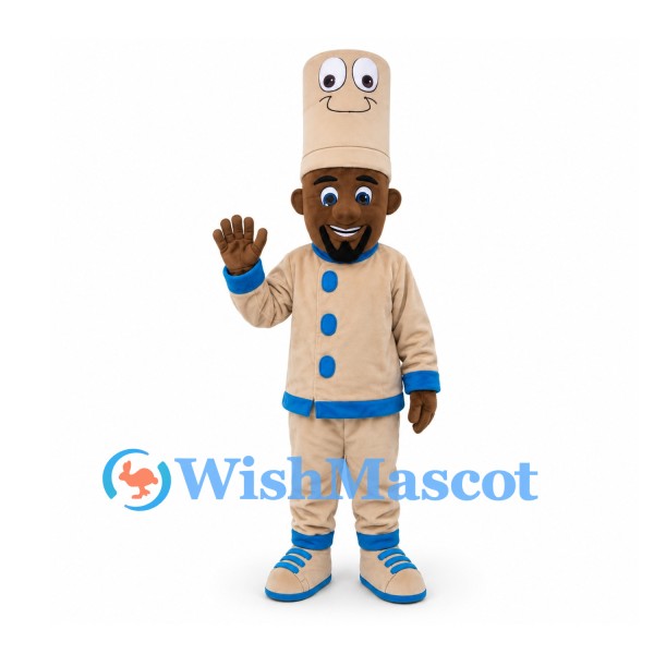 Chef Mascot Costume with Tall Tan Hat and Blue Trimmed Suit