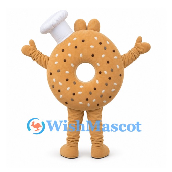 Bagel Chef Mascot Costume with Sesame Seeds and White Hat