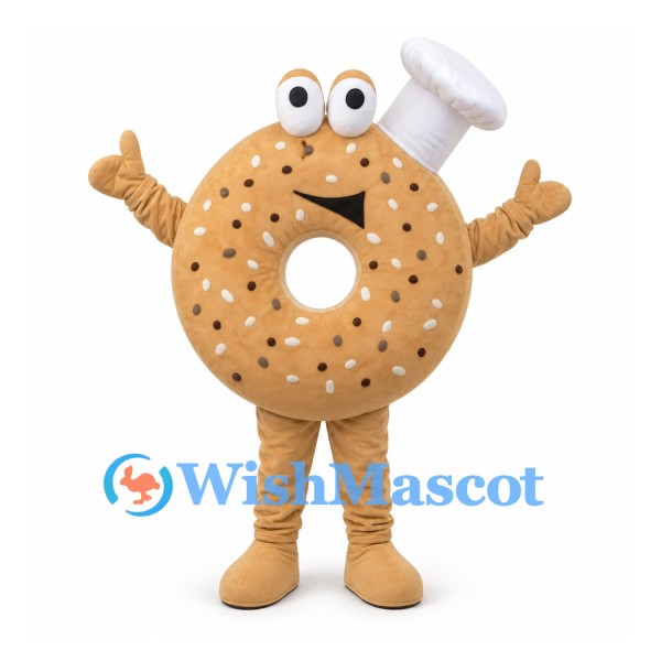 Bagel Chef Mascot Costume with Sesame Seeds and White Hat