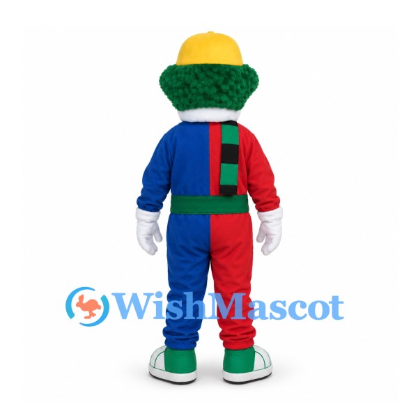 Clown Mascot Costume with Yellow Hat and Red Blue Overalls