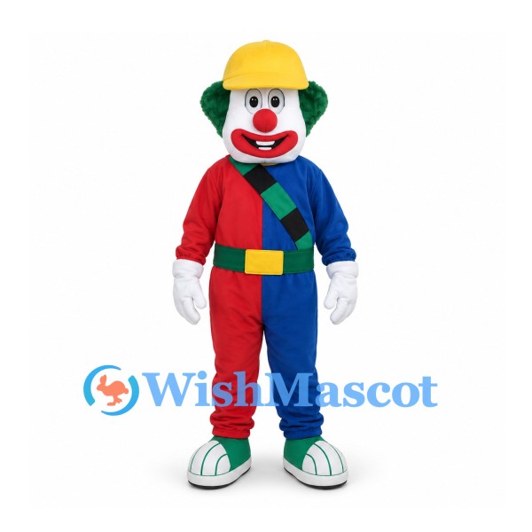 Clown Mascot Costume with Yellow Hat and Red Blue Overalls