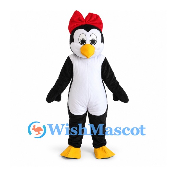 Penguin Mascot Costume with Red Bow and White Belly