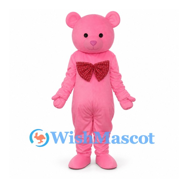 Bear Mascot Costume in Pink with Red Bow Tie