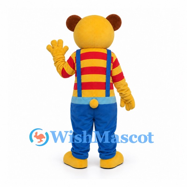 Tiger Mascot Costume with Blue Suspender Pants and Striped Shirt