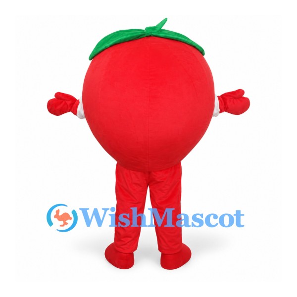 Tomato Mascot Costume in Red with Green Leaves and Smiling Face