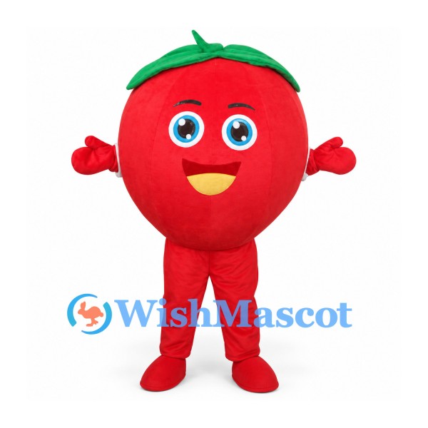 Tomato Mascot Costume in Red with Green Leaves and Smiling Face