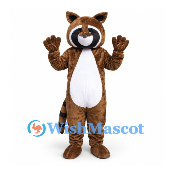 Raccoon Mascot Costume in Brown with Striped Tail and White Belly