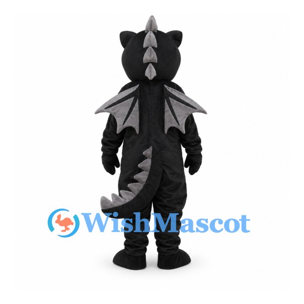 Dragon Mascot Costume in Black with Gray Wings and Spiked Tail