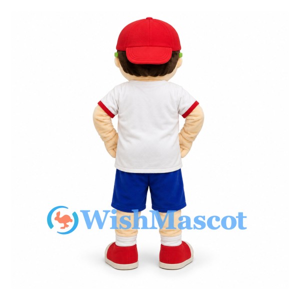 Boy Mascot Costume with Red Cap and Blue Shorts
