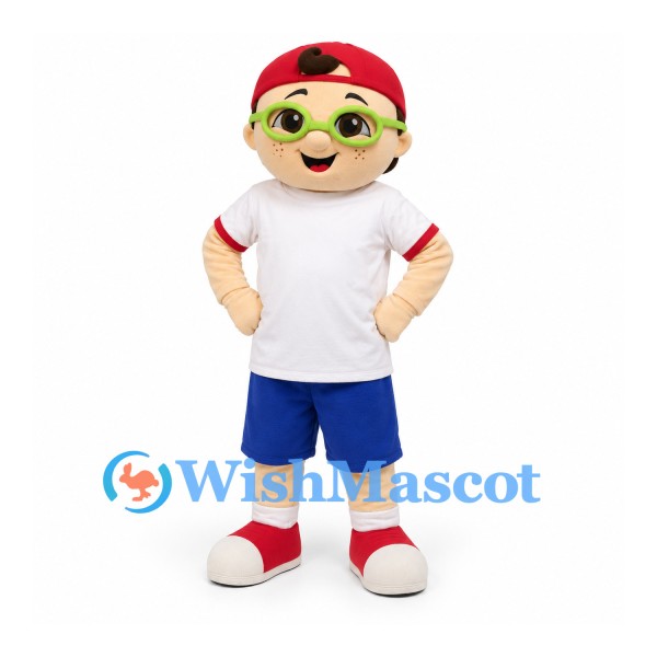 Boy Mascot Costume with Red Cap and Blue Shorts