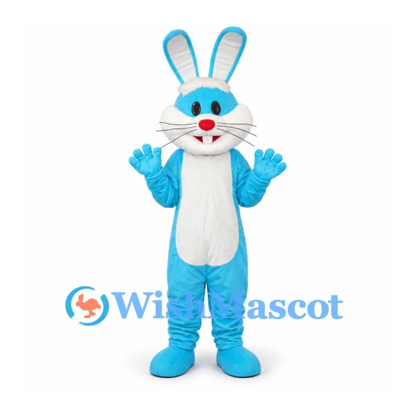 Rabbit Mascot Costume in Blue with White Belly and Red Nose