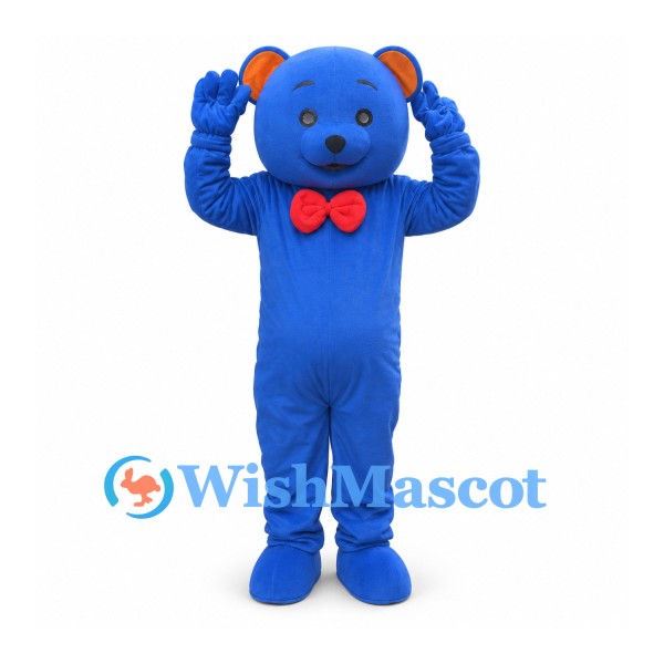 Bear Mascot Costume in Royal Blue with Red Bow Tie