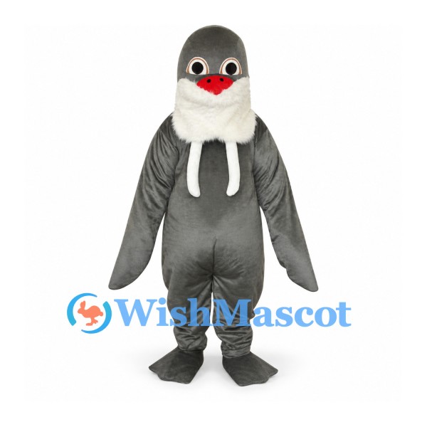 Walrus Mascot Costume in Gray with White Muzzle and Long Tusks