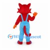 Cat Mascot Costume in Red with Blue Overalls and Purple Shoes