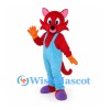 Cat Mascot Costume in Red with Blue Overalls and Purple Shoes