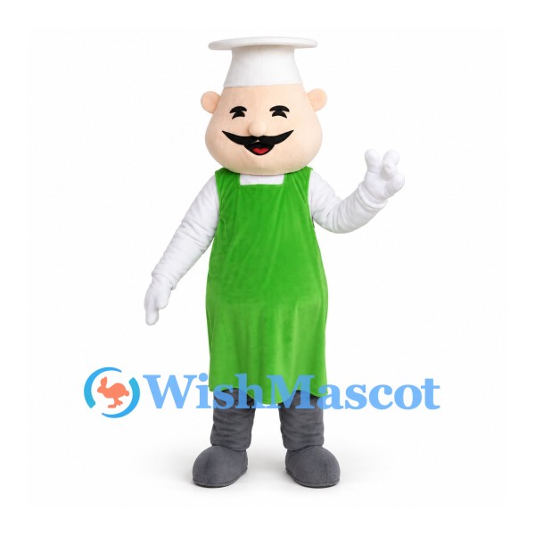 Chef Mascot Costume with White Hat and Green Apron