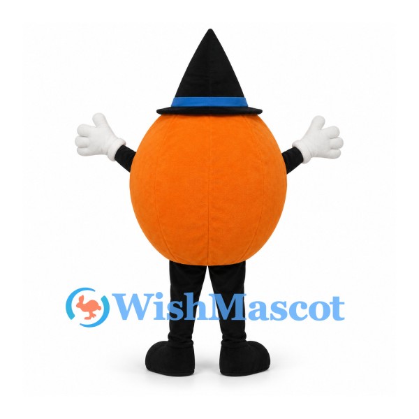 Pumpkin Mascot Costume with Black Witch Hat and Smiling Face