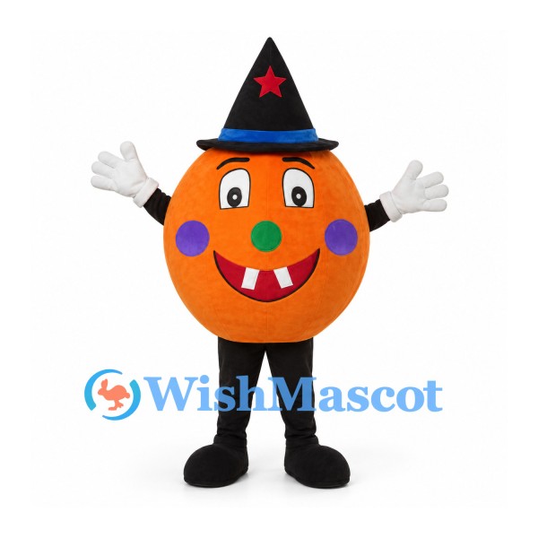 Pumpkin Mascot Costume with Black Witch Hat and Smiling Face