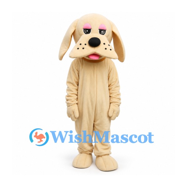 Dog Mascot Costume in Cream with Long Ears and Brown Collar