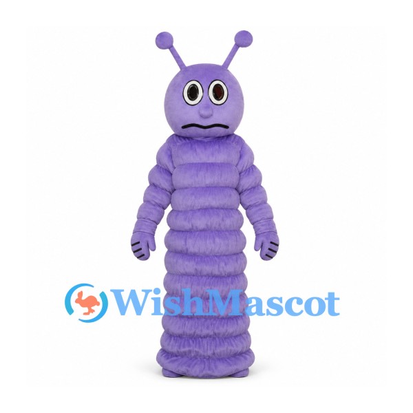 Caterpillar Mascot Costume in Purple with Segmented Body and Antennae