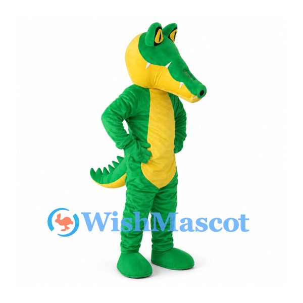 Crocodile Mascot Costume in Green with Yellow Belly and Long Snout