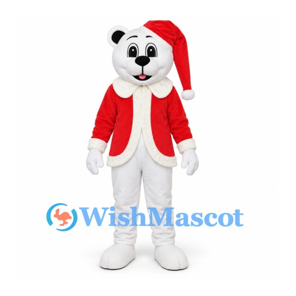 Polar Bear Mascot Costume with Red Santa Jacket and Hat