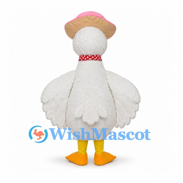 Goose Mascot Costume with Straw Hat and Red Polka Dot Scarf