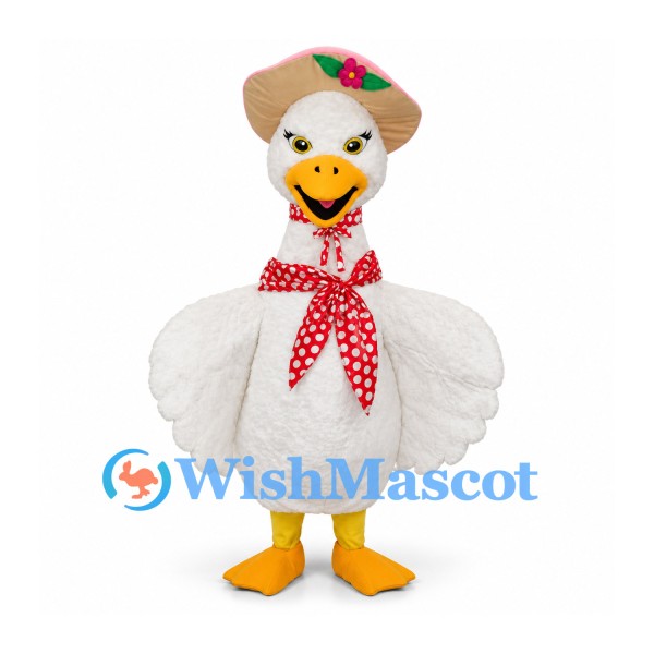 Goose Mascot Costume with Straw Hat and Red Polka Dot Scarf