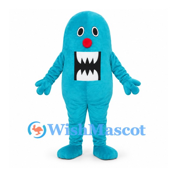 Monster Mascot Costume in Turquoise with Red Nose and Toothy Mouth
