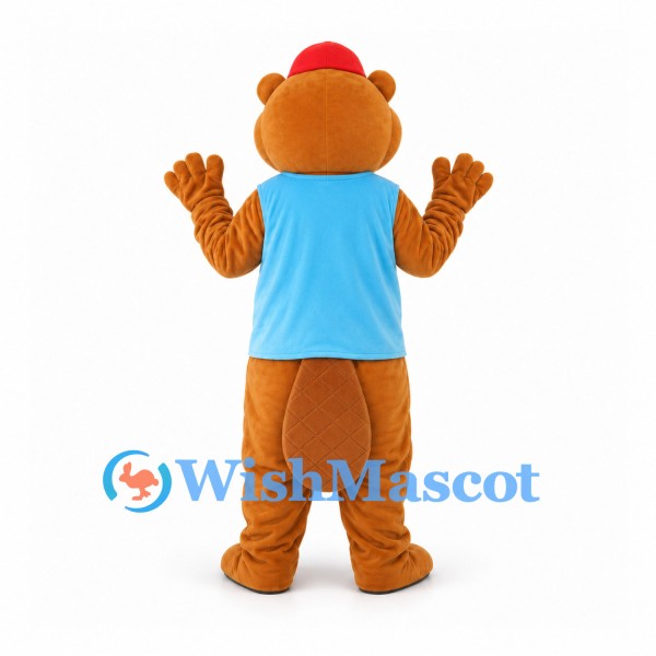 Bear Mascot Costume in Tan with Blue Vest and Red Cap