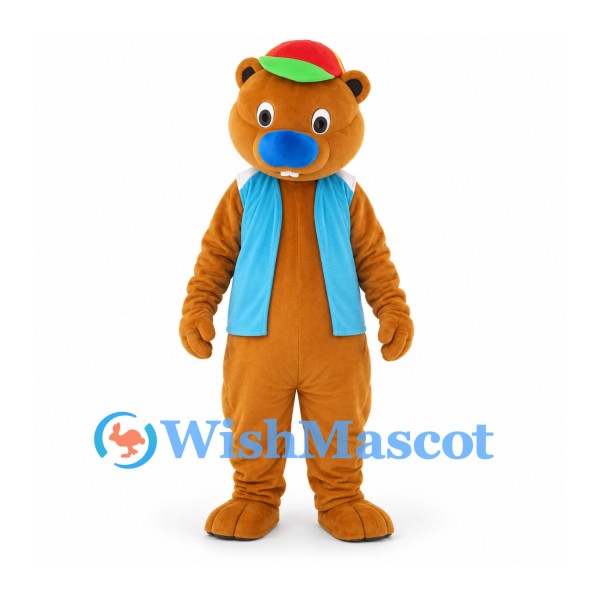 Bear Mascot Costume in Tan with Blue Vest and Red Cap