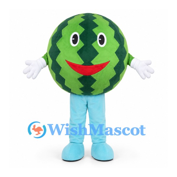 Watermelon Mascot Costume with Green Stripes and Smiling Face