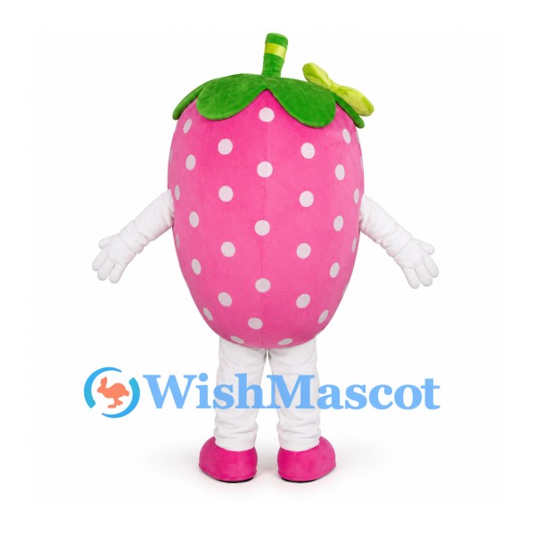 Strawberry Mascot Costume in Pink with White Seeds and Green Leaves