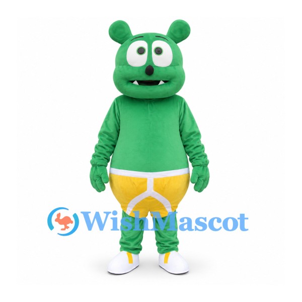 Bear Mascot Costume in Green with Yellow Briefs