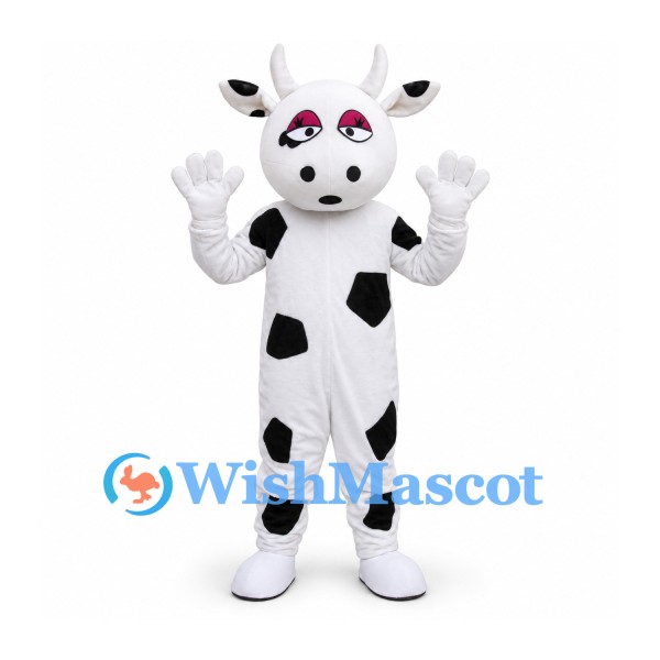 Cow Mascot Costume in White with Black Patches and Small Horns