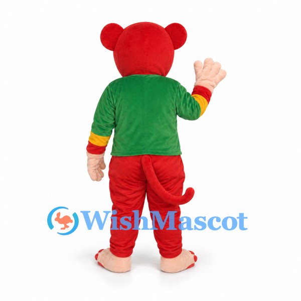Monkey Mascot Costume in Red with Green Shirt and Long Muzzle