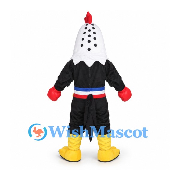 Rooster Mascot Costume in Black with White Head and Colorful Belt
