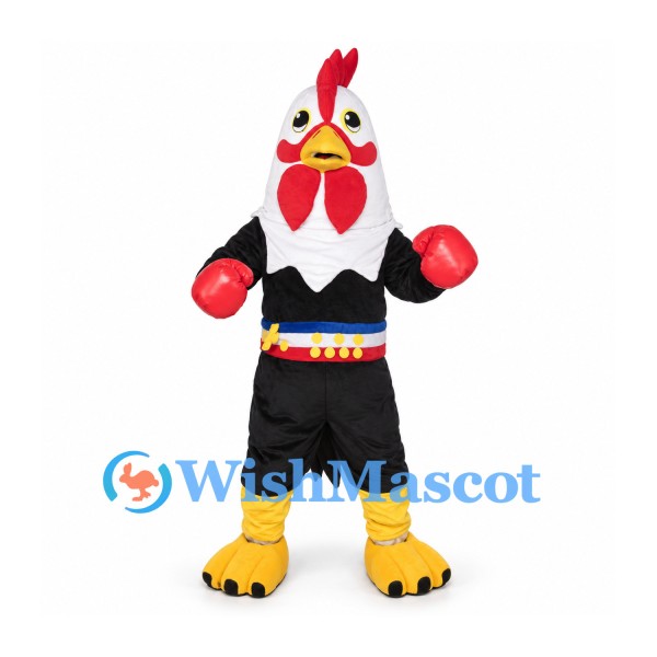 Rooster Mascot Costume in Black with White Head and Colorful Belt