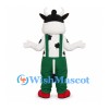 Cow Mascot Costume with Green Overalls and Black Bowler Hat