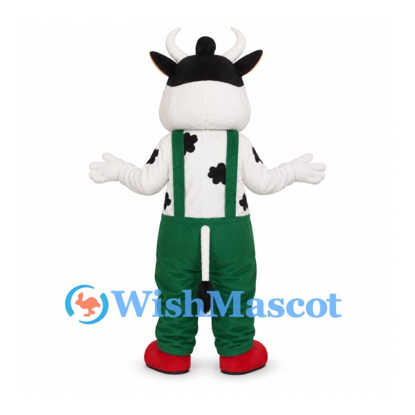 Cow Mascot Costume with Green Overalls and Black Bowler Hat