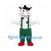 Cow Mascot Costume with Green Overalls and Black Bowler Hat