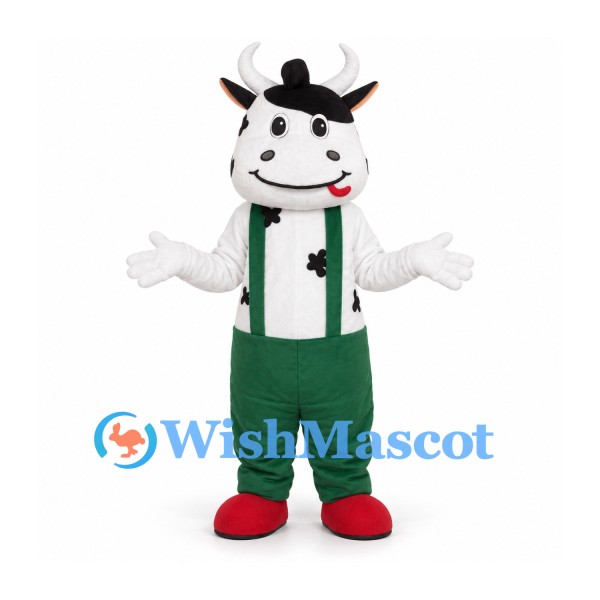 Cow Mascot Costume with Green Overalls and Black Bowler Hat