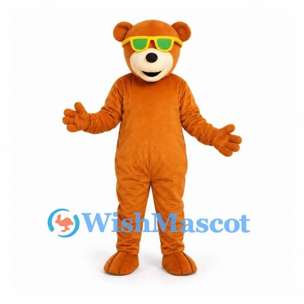 Bear Mascot Costume in Orange with Green Sunglasses